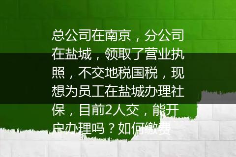 总公司在南京，分公司在盐城，领取了营业执照，不交地税国税，现想为员工在盐城办理社保，目前2人交，能开户办理吗？如何缴费