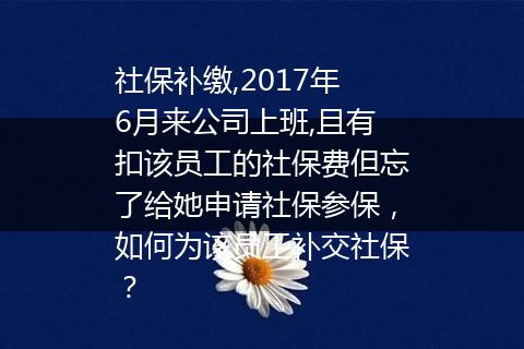 社保补缴,2017年6月来公司上班,且有扣该员工的社保费但忘了给她申请社保参保，如何为该员工补交社保？