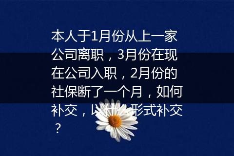 本人于1月份从上一家公司离职，3月份在现在公司入职，2月份的社保断了一个月，如何补交，以什么形式补交？